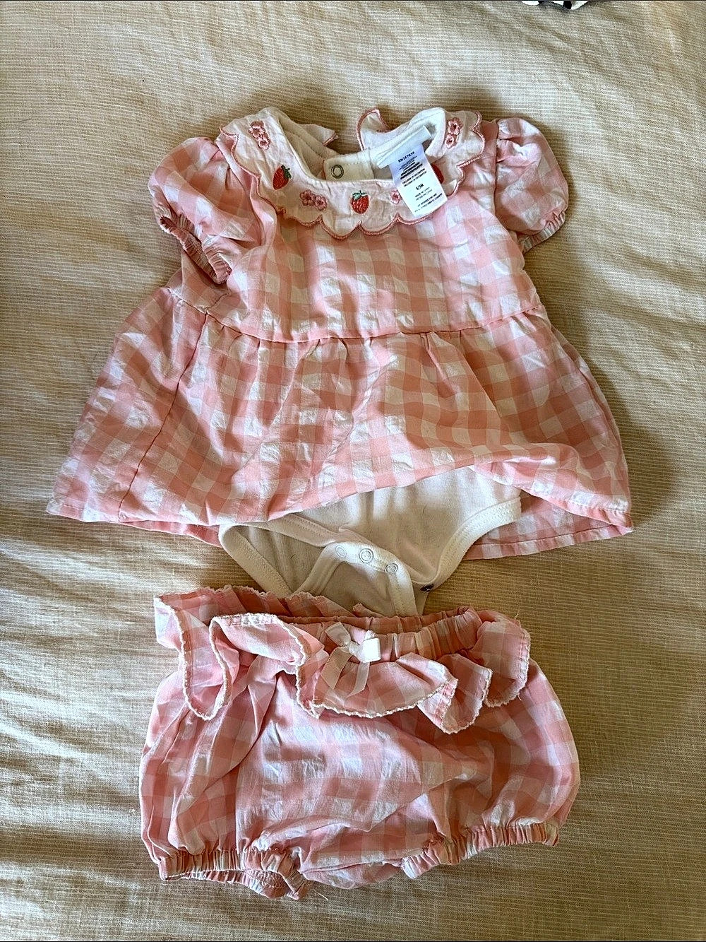 Nicole miller Pink Gingham Dress strawberry Set Baby 6/9M NWT